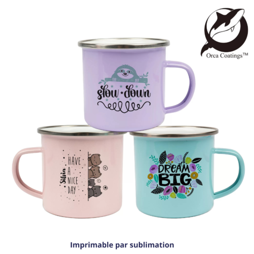 Tasse émaillée 12oz, avec rebord en acier argenté, Orca™ Coating
