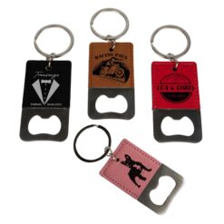 Porte-clés décapsuleur laser en acier inoxydable avec revêtement en similicuir PrintFabrik Grossiste en matériel de sublimation Porte-clés décapsuleur laser en acier inoxydable avec revêtement en similicuir - Gravure Laser