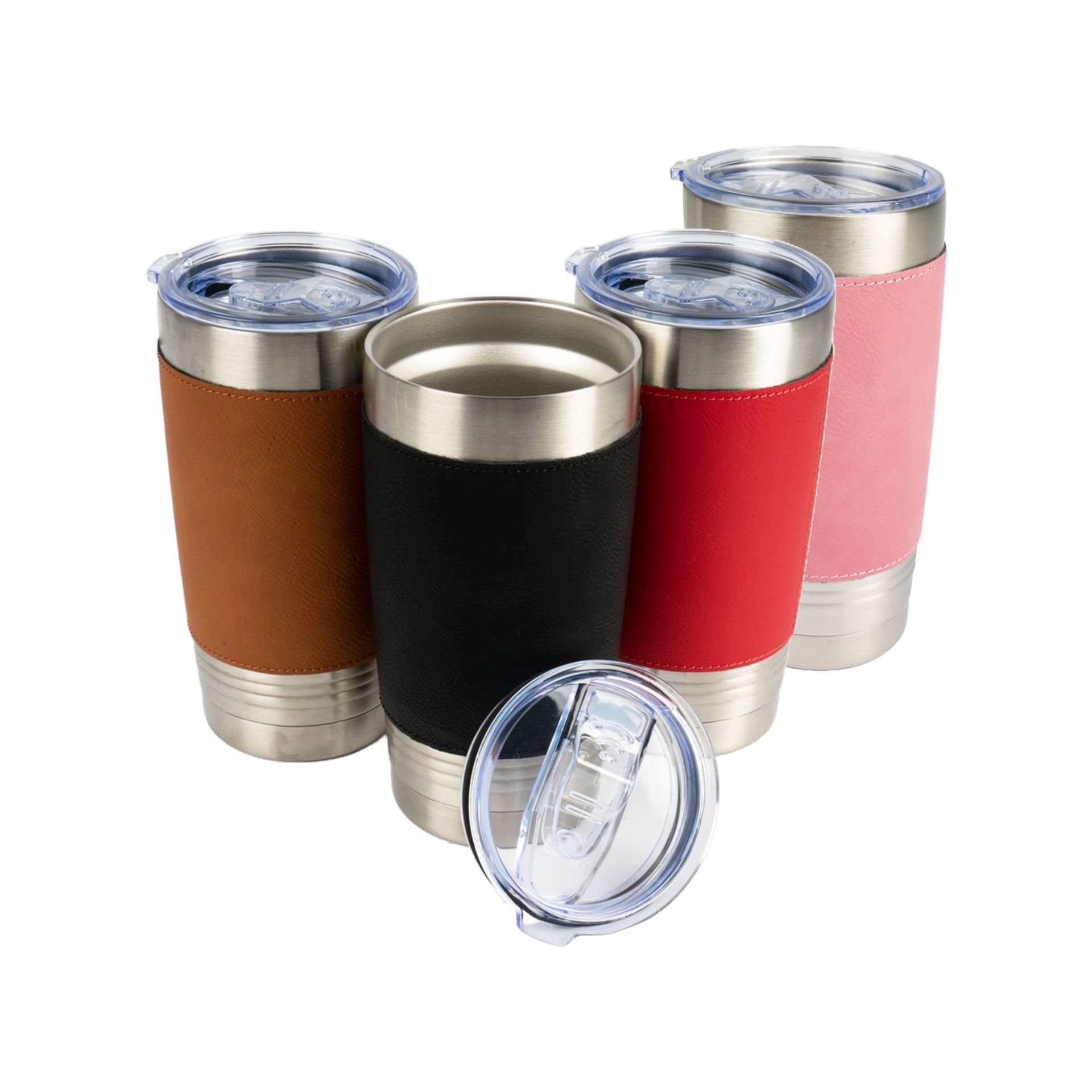 Tumbler laser en acier inoxydable 590 ml avec similicuir Ø 90 mm, hauteur 175 mm PrintFabrik Grossiste en matériel de sublimation Ouvre-bouteille laser en acier inoxydable avec revêtement en similicuir 40 x 117 mm - Gravure Laser